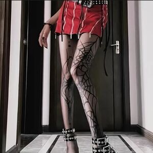 Spider Web Pattern Tights - Polyamide Knit Fabric Spider Applique